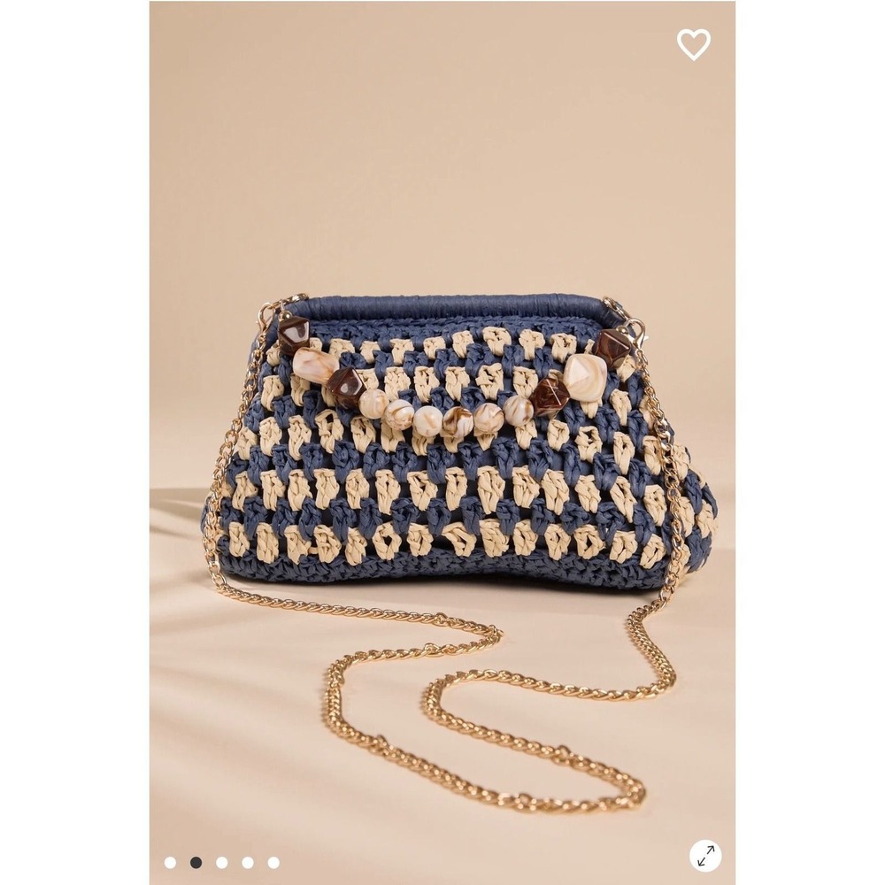 Altar'd State Woven Straw Clutch Navy Blue Cream Beaded Resin Handle Handbag - Picture 2 of 9